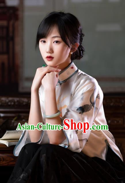 China Tang Suit Upper Outer Garment Traditional Printing Goldfish White Silk Blouse China Tang Suit Upper Outer Garment Traditional Printing Goldfish White Silk Blouse