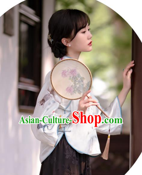 China Tang Suit Upper Outer Garment Traditional Printing Goldfish White Silk Blouse China Tang Suit Upper Outer Garment Traditional Printing Goldfish White Silk Blouse