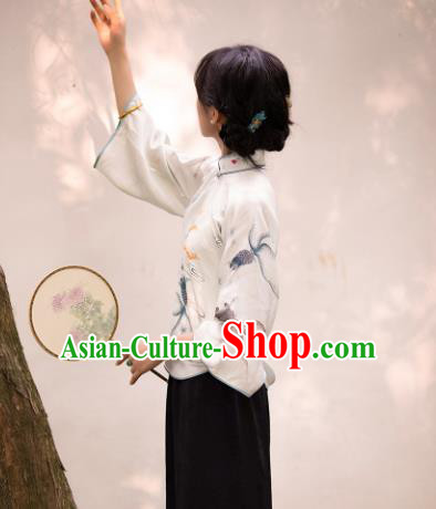 China Tang Suit Upper Outer Garment Traditional Printing Goldfish White Silk Blouse China Tang Suit Upper Outer Garment Traditional Printing Goldfish White Silk Blouse