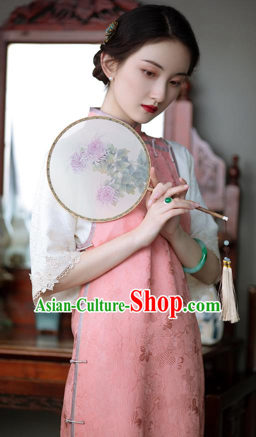 Republic of China Pink Silk Cheongsam Classical Pattern Qipao Dress Traditional National Costume