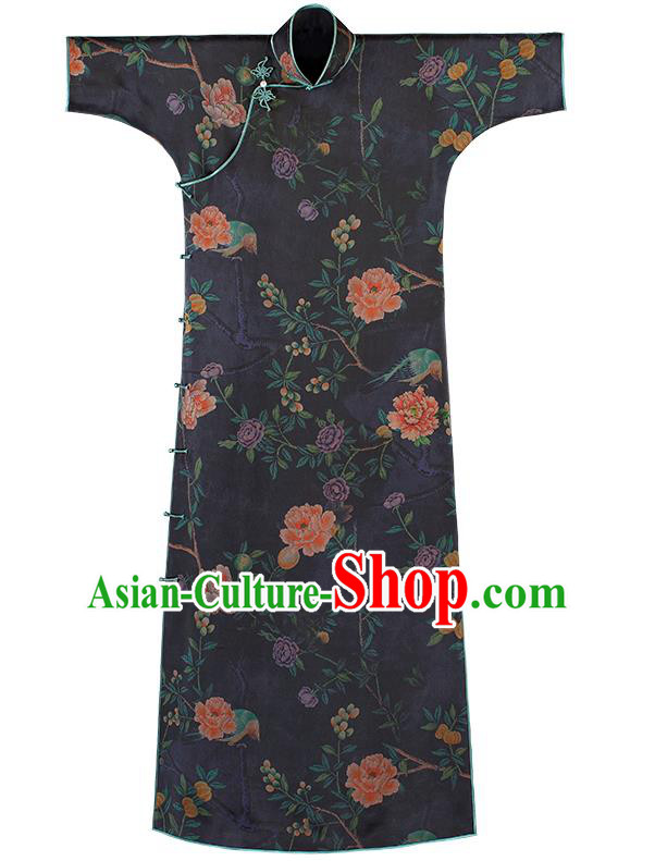 Republic of China Black Silk Qipao Dress Traditional National Costume Classical Peony Pattern Cheongsam