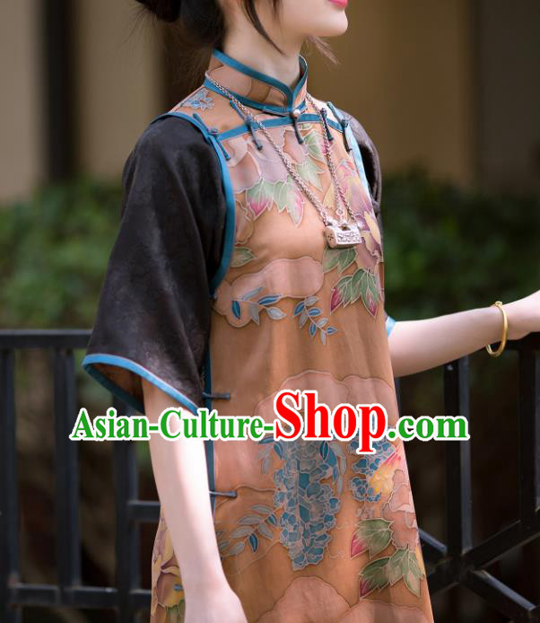 Republic of China Printing Ginger Silk Qipao Dress Traditional National Classical Cheongsam Costume Republic of China Printing Ginger Silk Qipao Dress Traditional National Classical Cheongsam Costume