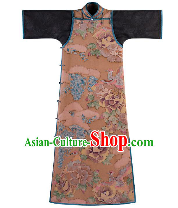 Republic of China Printing Ginger Silk Qipao Dress Traditional National Classical Cheongsam Costume Republic of China Printing Ginger Silk Qipao Dress Traditional National Classical Cheongsam Costume