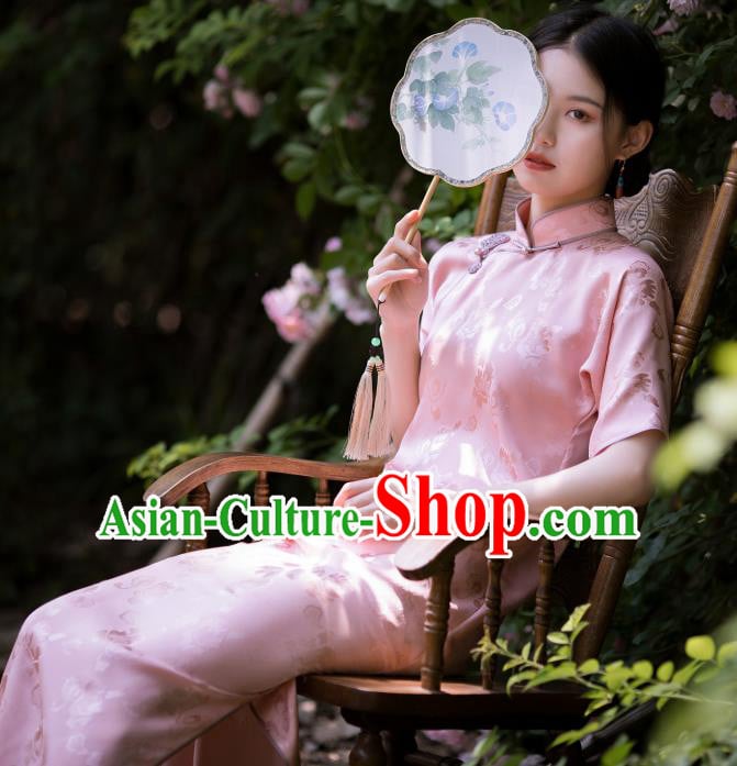 Republic of China Pink Silk Qipao Dress Traditional Classical Costume National Cheongsam Republic of China Pink Silk Qipao Dress Traditional Classical Costume National Cheongsam