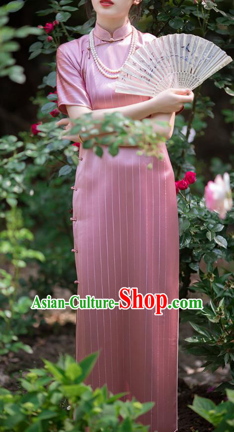 Republic of China National Cheongsam Pink Silk Qipao Dress Traditional Classical Costume Republic of China National Cheongsam Pink Silk Qipao Dress Traditional Classical Costume