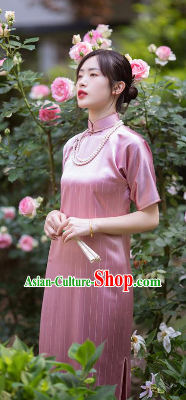 Republic of China National Cheongsam Pink Silk Qipao Dress Traditional Classical Costume Republic of China National Cheongsam Pink Silk Qipao Dress Traditional Classical Costume