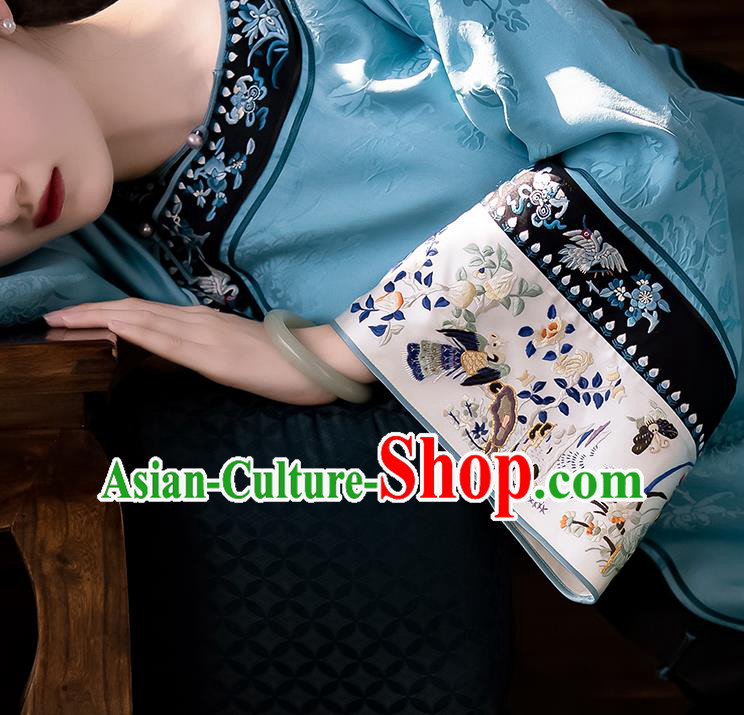 China Traditional Qing Dynasty Qipao Dress Embroidered Blue Silk Cheongsam China Traditional Qing Dynasty Qipao Dress Embroidered Blue Silk Cheongsam