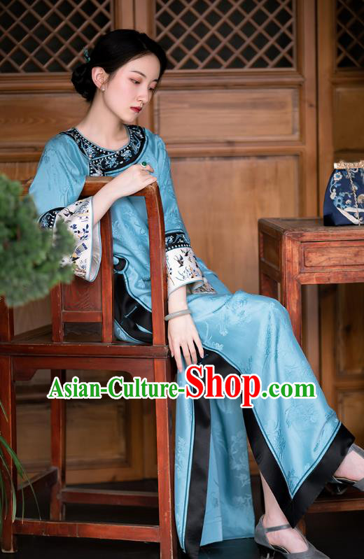 China Traditional Qing Dynasty Qipao Dress Embroidered Blue Silk Cheongsam China Traditional Qing Dynasty Qipao Dress Embroidered Blue Silk Cheongsam