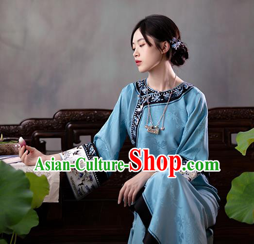 China Traditional Qing Dynasty Qipao Dress Embroidered Blue Silk Cheongsam China Traditional Qing Dynasty Qipao Dress Embroidered Blue Silk Cheongsam