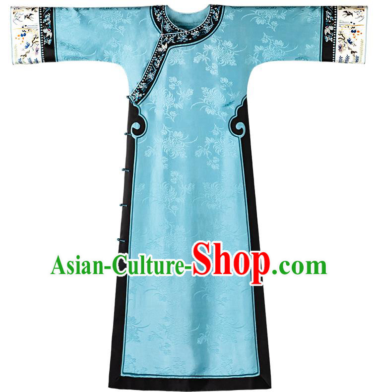 China Traditional Qing Dynasty Qipao Dress Embroidered Blue Silk Cheongsam China Traditional Qing Dynasty Qipao Dress Embroidered Blue Silk Cheongsam