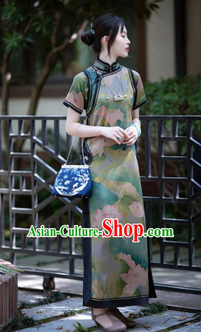 Republic of China Traditional Lotus Pattern Green Silk Qipao Dress Classical Costume National Cheongsam Republic of China Traditional Lotus Pattern Green Silk Qipao Dress Classical Costume National Cheongsam