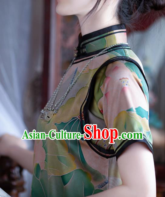 Republic of China Traditional Lotus Pattern Green Silk Qipao Dress Classical Costume National Cheongsam Republic of China Traditional Lotus Pattern Green Silk Qipao Dress Classical Costume National Cheongsam