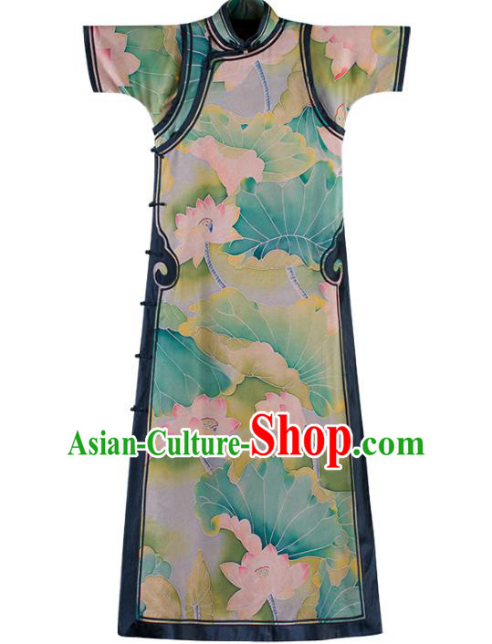 Republic of China Traditional Lotus Pattern Green Silk Qipao Dress Classical Costume National Cheongsam Republic of China Traditional Lotus Pattern Green Silk Qipao Dress Classical Costume National Cheongsam