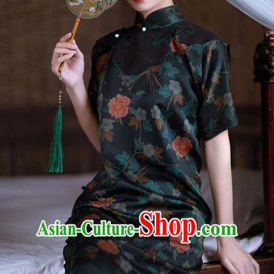 Republic of China Traditional Printing Peony Dark Green Silk Qipao Dress National Cheongsam Classical Costume