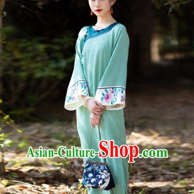 China Qing Dynasty Women Dress National Cheongsam Classical Costume Traditional Embroidered Pattern Light Green Silk Qipao