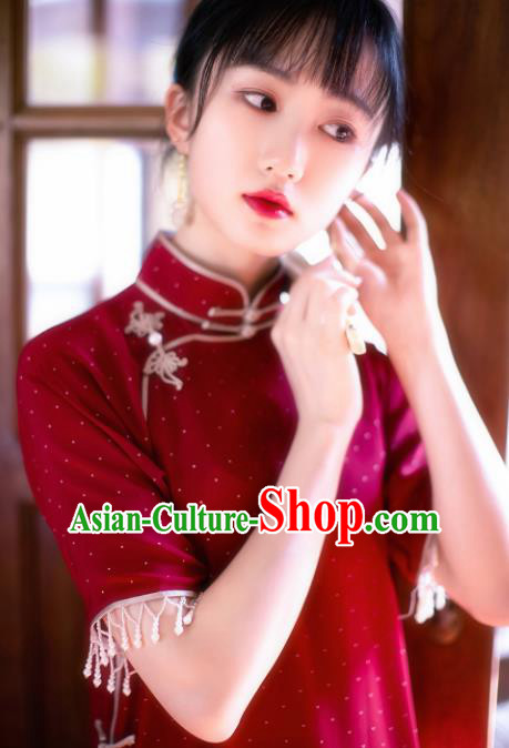 China National Women Dress Classical Costume Traditional Silk Qipao Red Cheongsam