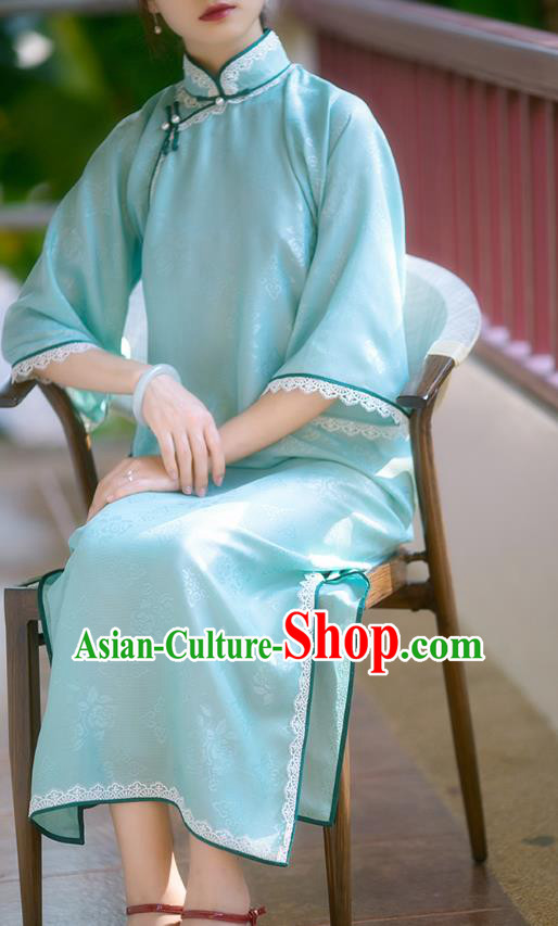 China Classical Cheongsam Costume National Women Dress Traditional Light Blue Silk Qipao China Classical Cheongsam Costume National Women Dress Traditional Light Blue Silk Qipao