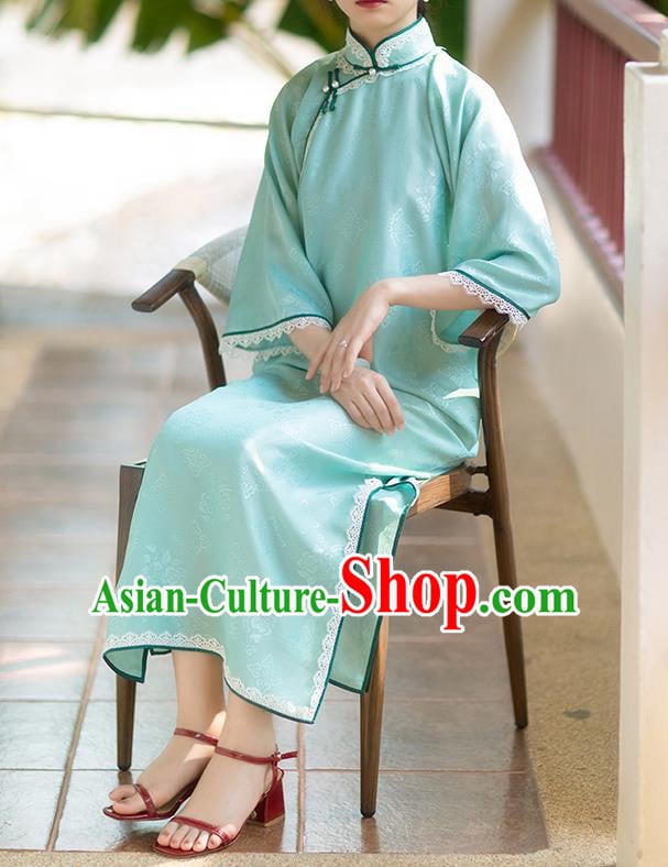 China Classical Cheongsam Costume National Women Dress Traditional Light Blue Silk Qipao China Classical Cheongsam Costume National Women Dress Traditional Light Blue Silk Qipao