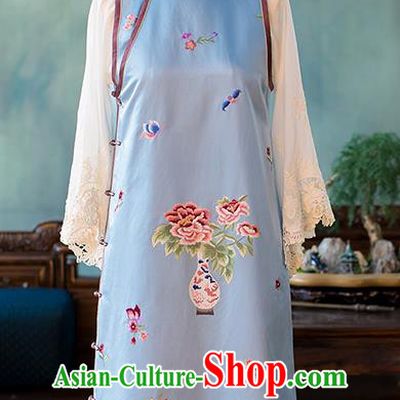 China Classical Lace Sleeve Cheongsam Traditional Qipao Costume National Women Embroidered Blue Dress