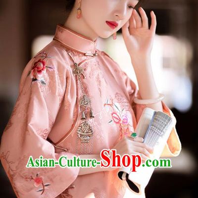 China Classical Pink Silk Cheongsam Traditional Qipao Costume National Women Embroidered Peony Dress