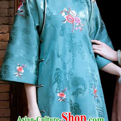 China National Women Embroidered Peony Dress Classical Green Silk Cheongsam Traditional Qipao Costume