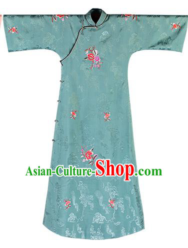 China National Women Embroidered Peony Dress Classical Green Silk Cheongsam Traditional Qipao Costume China National Women Embroidered Peony Dress Classical Green Silk Cheongsam Traditional Qipao Costume