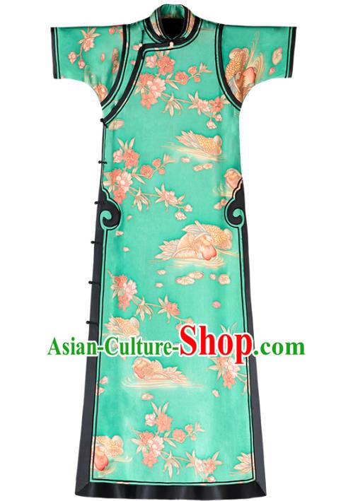 China Green Silk Cheongsam Traditional Costume Classical Mandarin Duck Pattern Qipao Dress China Green Silk Cheongsam Traditional Costume Classical Mandarin Duck Pattern Qipao Dress