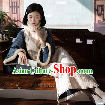 China Traditional Beige Qipao Costume National Women Dress Classical Cheongsam