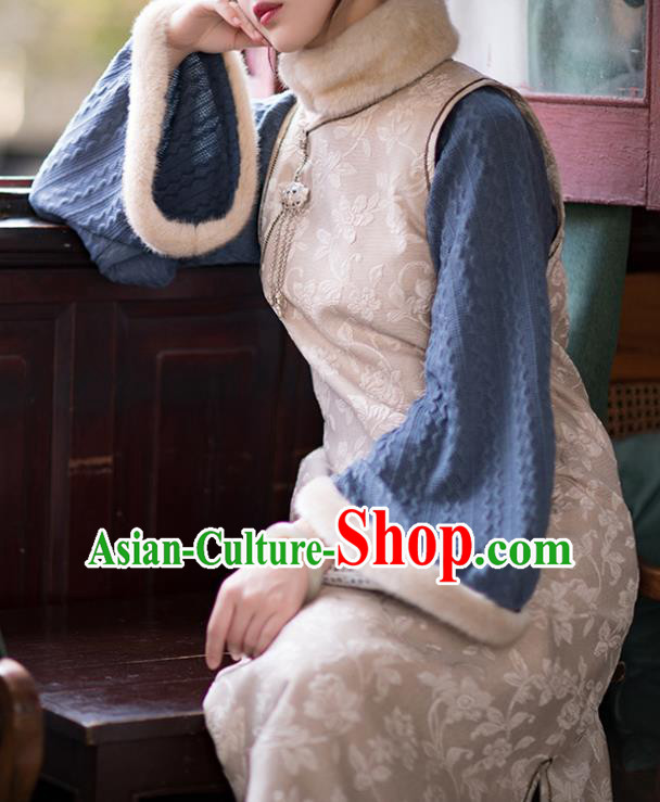 China Traditional Beige Qipao Costume National Women Dress Classical Cheongsam China Traditional Beige Qipao Costume National Women Dress Classical Cheongsam
