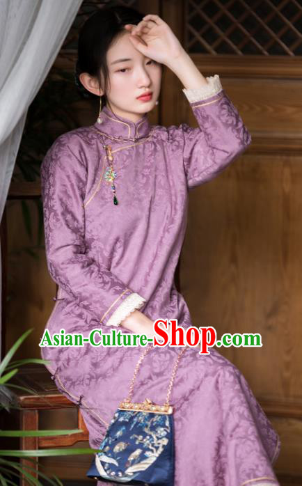 China Classical Cheongsam Traditional Costume Purple Silk Qipao National Women Dress