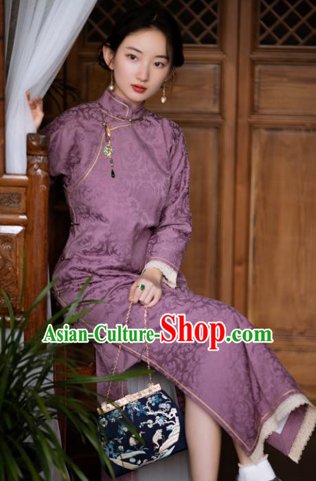 China Classical Cheongsam Traditional Costume Purple Silk Qipao National Women Dress