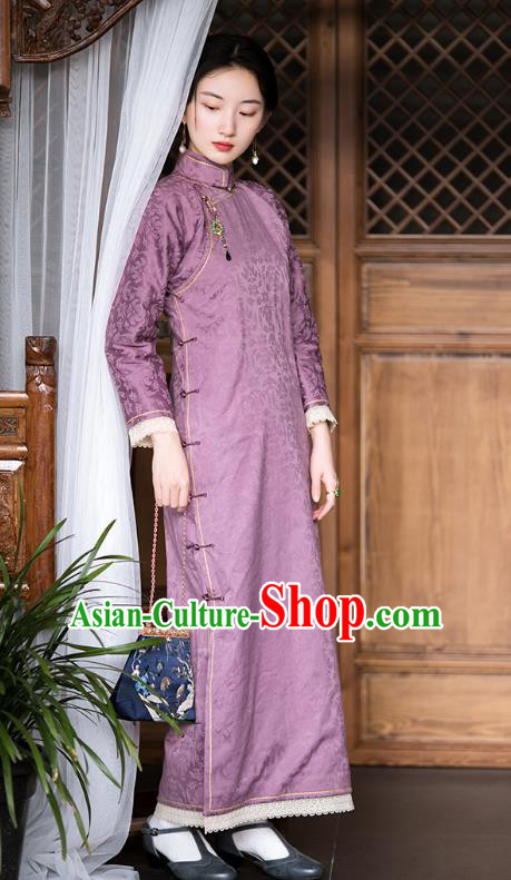 China Classical Cheongsam Traditional Costume Purple Silk Qipao National Women Dress
