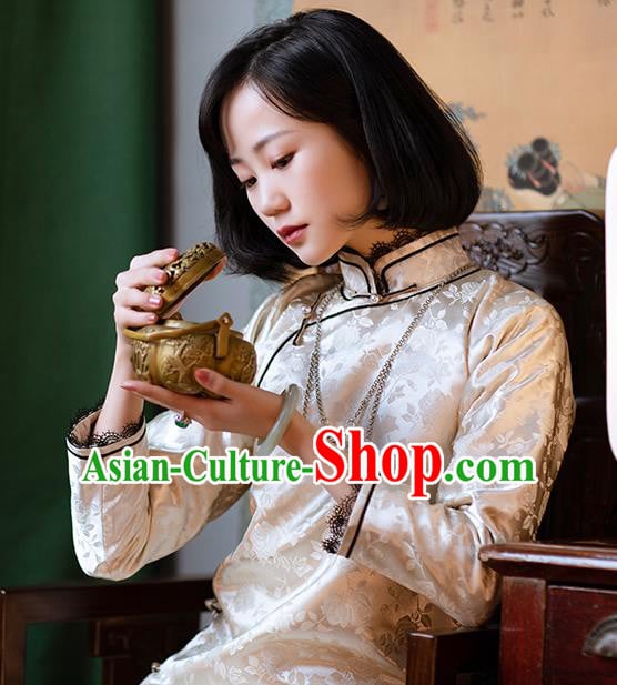 China Traditional Beige Silk Qipao Costume National Women Dress Classical Cheongsam China Traditional Beige Silk Qipao Costume National Women Dress Classical Cheongsam