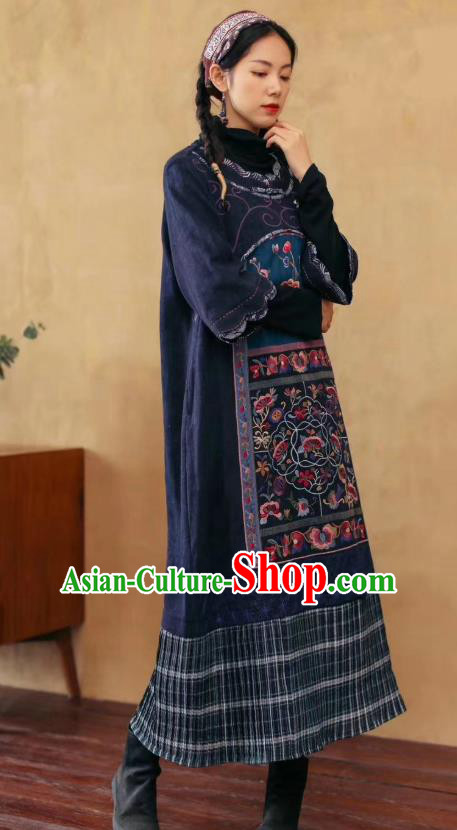 Chinese Retro Embroidered Navy Flax Dress Traditional National Women Cheongsam Clothing Chinese Retro Embroidered Navy Flax Dress Traditional National Women Cheongsam Clothing