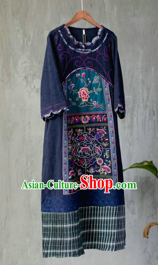 Chinese Retro Embroidered Navy Flax Dress Traditional National Women Cheongsam Clothing Chinese Retro Embroidered Navy Flax Dress Traditional National Women Cheongsam Clothing