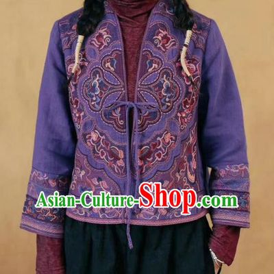 China National Embroidered Purple Flax Jacket Traditional Women Outer Garment Tang Suit Costume
