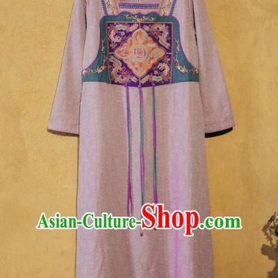 Chinese National Embroidered Lilac Flax Dress Traditional Women Cheongsam Clothing