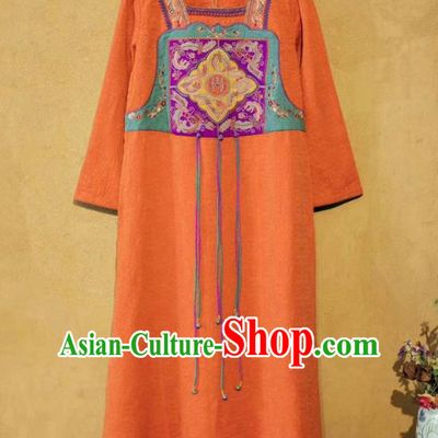 Chinese Traditional Women Cheongsam Clothing National Embroidered Orange Flax Dress