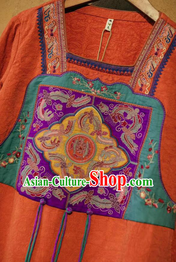 Chinese Traditional Women Cheongsam Clothing National Embroidered Orange Flax Dress Chinese Traditional Women Cheongsam Clothing National Embroidered Orange Flax Dress