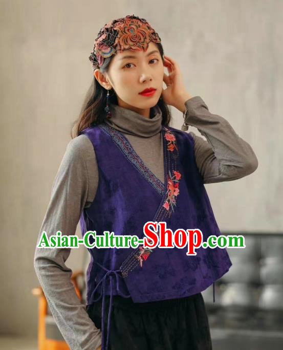 China Traditional Clothing National Women Embroidered Waistcoat Tang Suit Deep Blue Flax Vest China Traditional Clothing National Women Embroidered Waistcoat Tang Suit Deep Blue Flax Vest