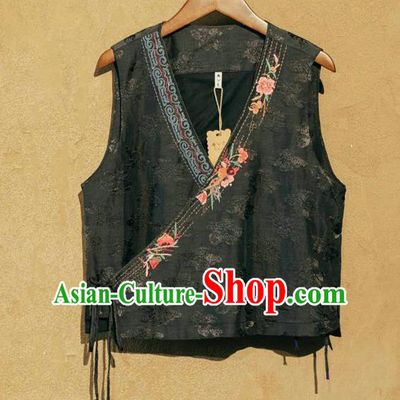 China National Black Flax Vest Women Embroidered Waistcoat Traditional Tang Suit Clothing
