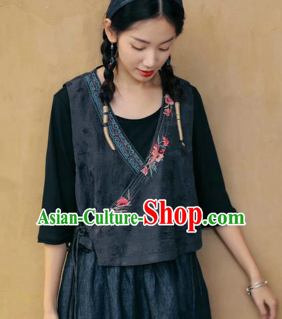 China National Black Flax Vest Women Embroidered Waistcoat Traditional Tang Suit Clothing China National Black Flax Vest Women Embroidered Waistcoat Traditional Tang Suit Clothing