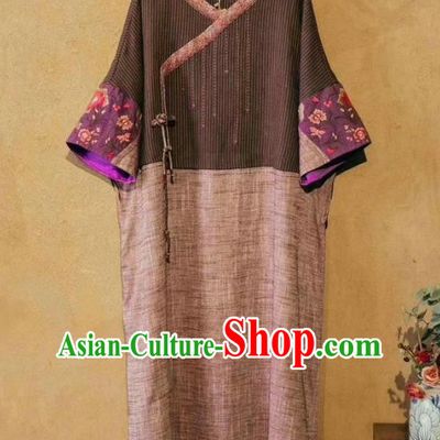 Chinese National Embroidered Brown Dress Zen Suit Traditional Women Clothing