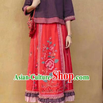 China National Red Ramine Bust Skirt Embroidered Skirt Traditional Female Clothing