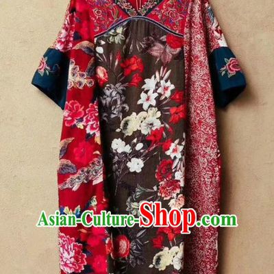 Chinese National Embroidered Flax Red Dress Traditional Printing Clothing