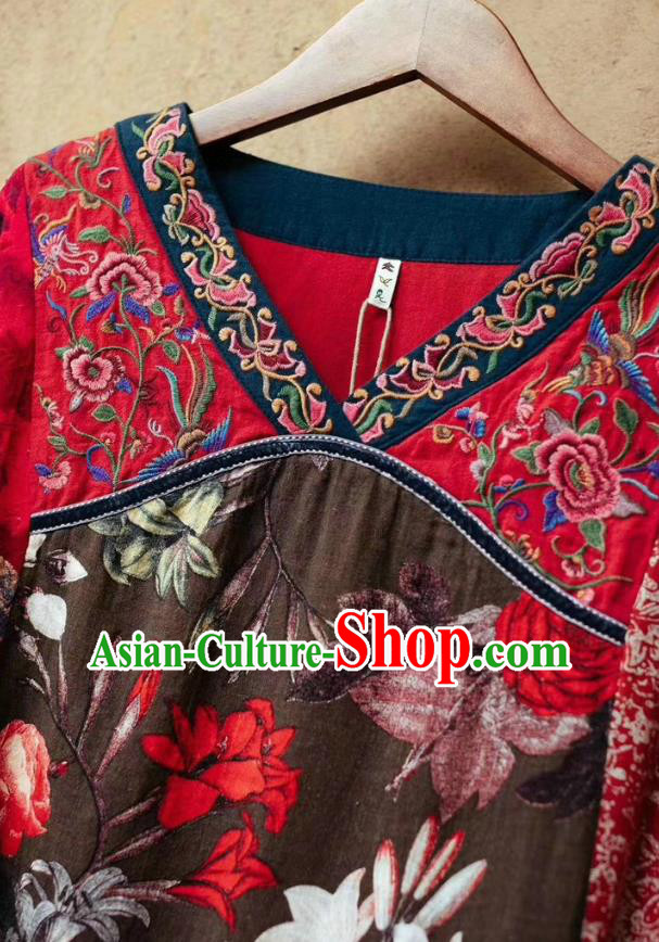 Chinese National Embroidered Flax Red Dress Traditional Printing Clothing Chinese National Embroidered Flax Red Dress Traditional Printing Clothing