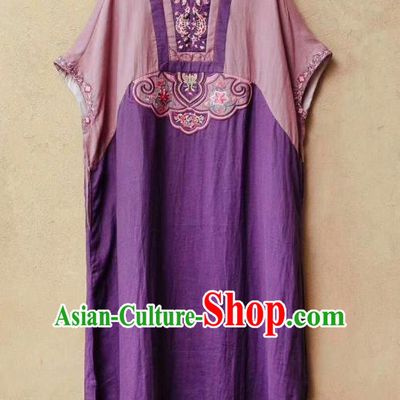 Chinese Traditional National Clothing Embroidered Purple Flax Dress