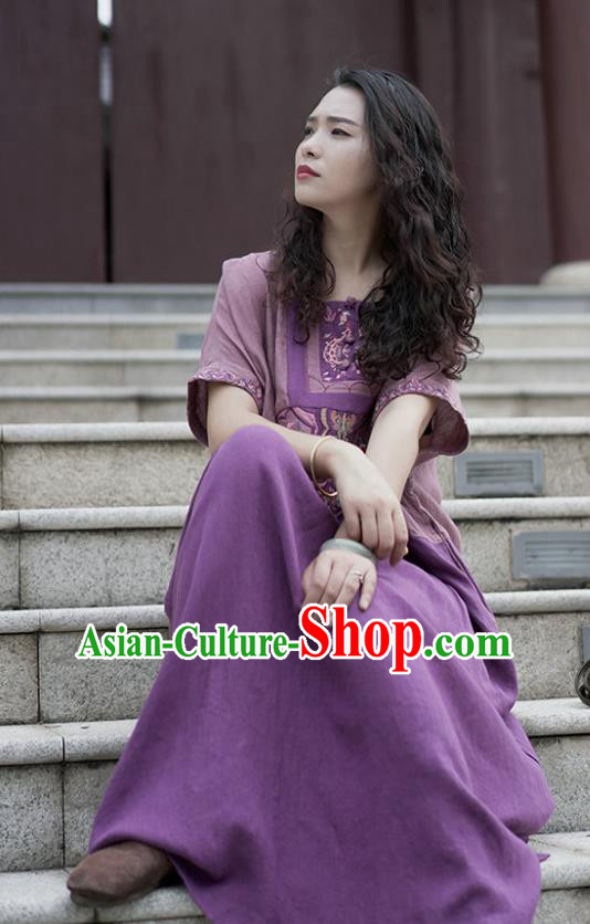 Chinese Traditional National Clothing Embroidered Purple Flax Dress Chinese Traditional National Clothing Embroidered Purple Flax Dress