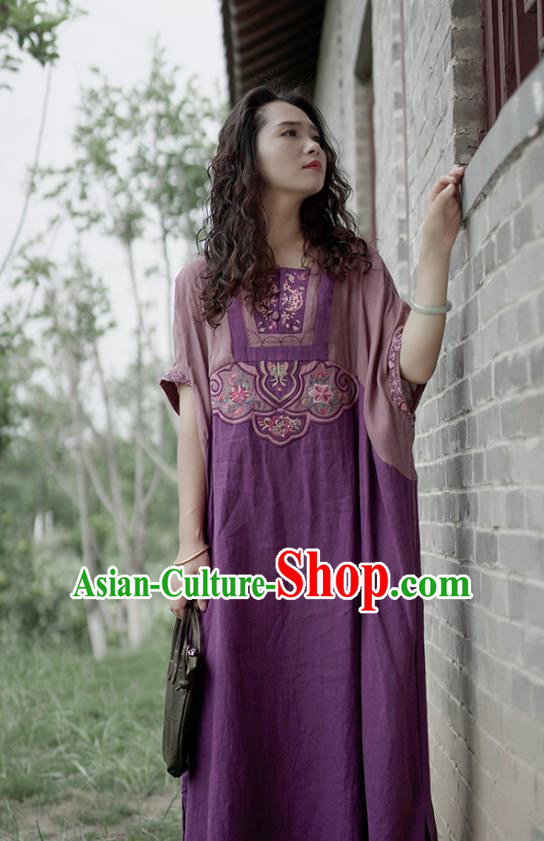 Chinese Traditional National Clothing Embroidered Purple Flax Dress Chinese Traditional National Clothing Embroidered Purple Flax Dress