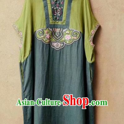 Chinese Traditional Women Fashion Embroidered Green Flax Dress National Clothing